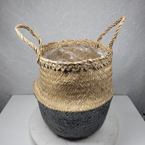 Seagrass Belly Basket 12" Tan Black Woven Wicker Home Storage Handles Lined New - Picture 12 of 16